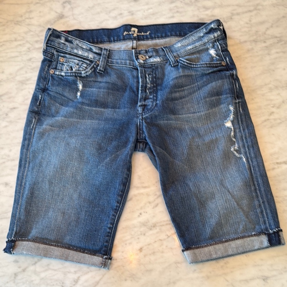 7 For All Mankind Blue Denim Button Fly Jean Shorts Size 25
